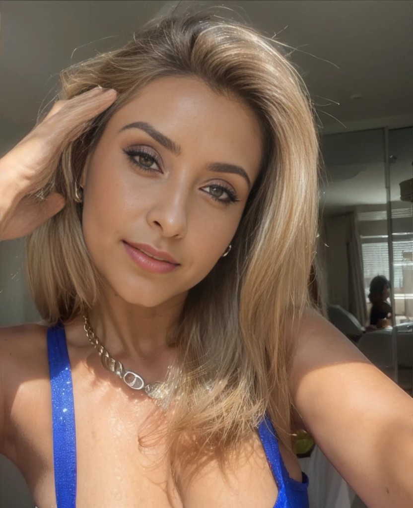 Craft a portrait of a woman that radiates an enhanced femininity and grace, maintaining the identity present in the provided image. She should have impeccably groomed eyebrows and long, curved eyelashes, which frame her captivating, ocean-blue eyes. The makeup is to be refined and radiant, highlighting her eyes and featuring a soft, peach-toned lip gloss that complements her sun-kissed complexion. Her hair is a lustrous sandy blonde, cut in a chic, tousled lob that falls naturally around her face. She dons a striking cobalt blue , setting off her warm skin tone, and is adorned with a tasteful silver link choker. Her pose is casual yet poised, with a hand raising to her hair, capturing her allure and confident femininity.