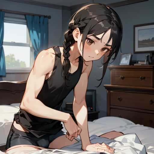 (A boy with black braided hair, a gray tank top, and gray underwear, (bedroom), (brown eyes), (black hair), small, (feminine stature),