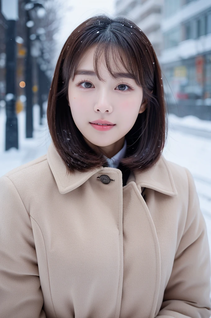(1 cute Korean star) Shoulder-length hair, Thin makeup, Medium chest size, Wearing a coat, In the snow, Clear facial features, 8K high resolution, Sharp, realistic detail.From the outside, Eye-level shots, f/4.0, 135mm, Fujifilm, jpeg artifacts, dithering, UHD, masterpiece, s whole body, Upper body body, correct posture, Forward-looking, facing forward