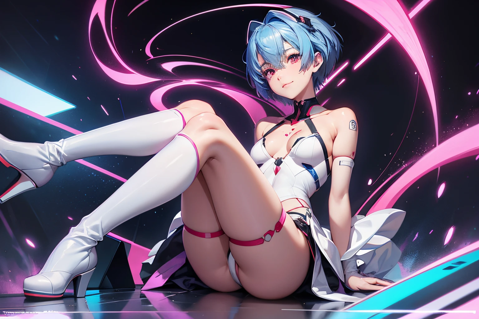 Evangelion Cockpit,Masterpiece portrait of a smiling Rei Ayanami (Evangelion), Evangelion (Hideaki), Caustics, High resolution illustration,14years, Red Eyes, Feminine, no pupils, Blue hair, Short hair, Very small breasts,Japan school uniform, lowfers, swpunk, Synth Wave, Paint splatters, shaded flat illustration, Digital Art, Trending on ArtStation, Highly detailed, Fine detail, Convoluted, Splatter, Outrun, Vaporware, neon color,White underwear,long boots,Happy,Chest exposed.fullnude