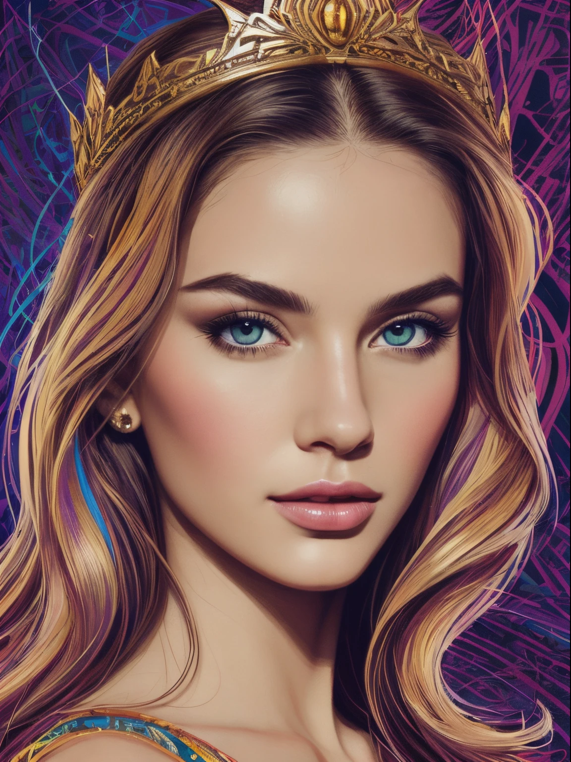 ((best quality)), ((masterpiece)), (detailed), beautiful, FISideRight, perfect face, abstract beauty, Create a digital art work in pop art style, luxury elegance bold with hint of feminine, happy & youthful, authentic, brave, princess wearing crown, (purple), (gold), centered, key visual, intricate, highly detailed, breathtaking beauty, precise lineart, vibrant, comprehensive cinematic, Carne Griffiths, Conrad Roset, vector art, Colorful graffiti illustration, (the most beautiful portrait in the world:1.5)