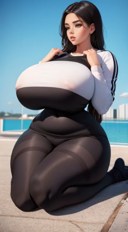 very beautiful bbw woman, sexy curvy body, beautiful face, big breasts, wearing a tracksuit and black sports tights, doing yoga