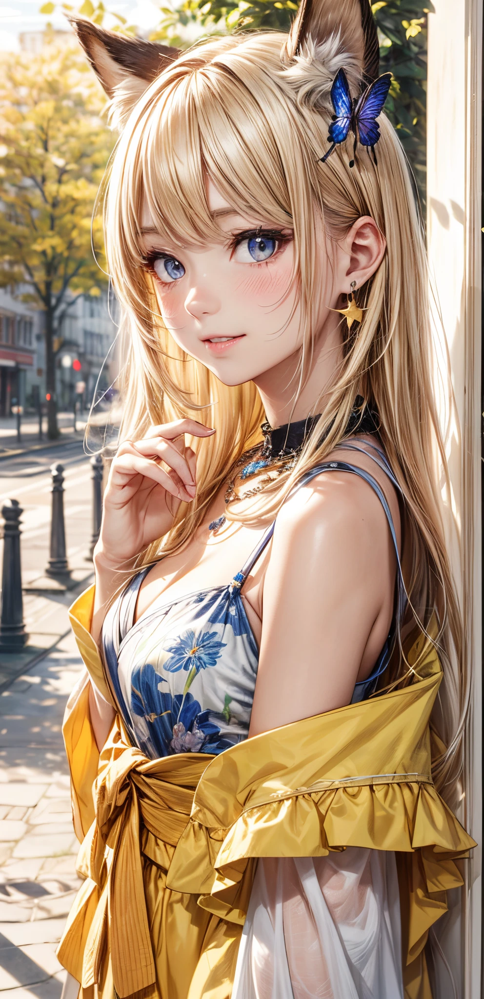 absurderes, ultra-detailliert,bright colour,masuter piece,extremely beautiful detailed face and eyes,Highest quality 8K resolution,Realistic, Vibrant colors, Soft tones, Warm and gentle lighting,(Smooth straight blonde hair:1.2),(Hair parted in the middle:1.2),(Glowing hair),(cobalt eyes:1.3),(Nostalgic atmosphere),The town is surrounded by mysterious boundaries,Cool morning clouds are calm and peaceful,The tree々Gentle sunlight illuminates the space.,Like multicolored glass,Garden Girl,gentle sunlight,Soft breeze,Delicate flowers,Butterflies flutter by,Mesmerizing natural beauty,Fragments of Shining Stars,Fox personification,A smile、Blushing、Red Moon、Yellow skin、Yellow mesh、yellow thin kimono、Autumn leaves at night、Valley、double tooth、Small necklace