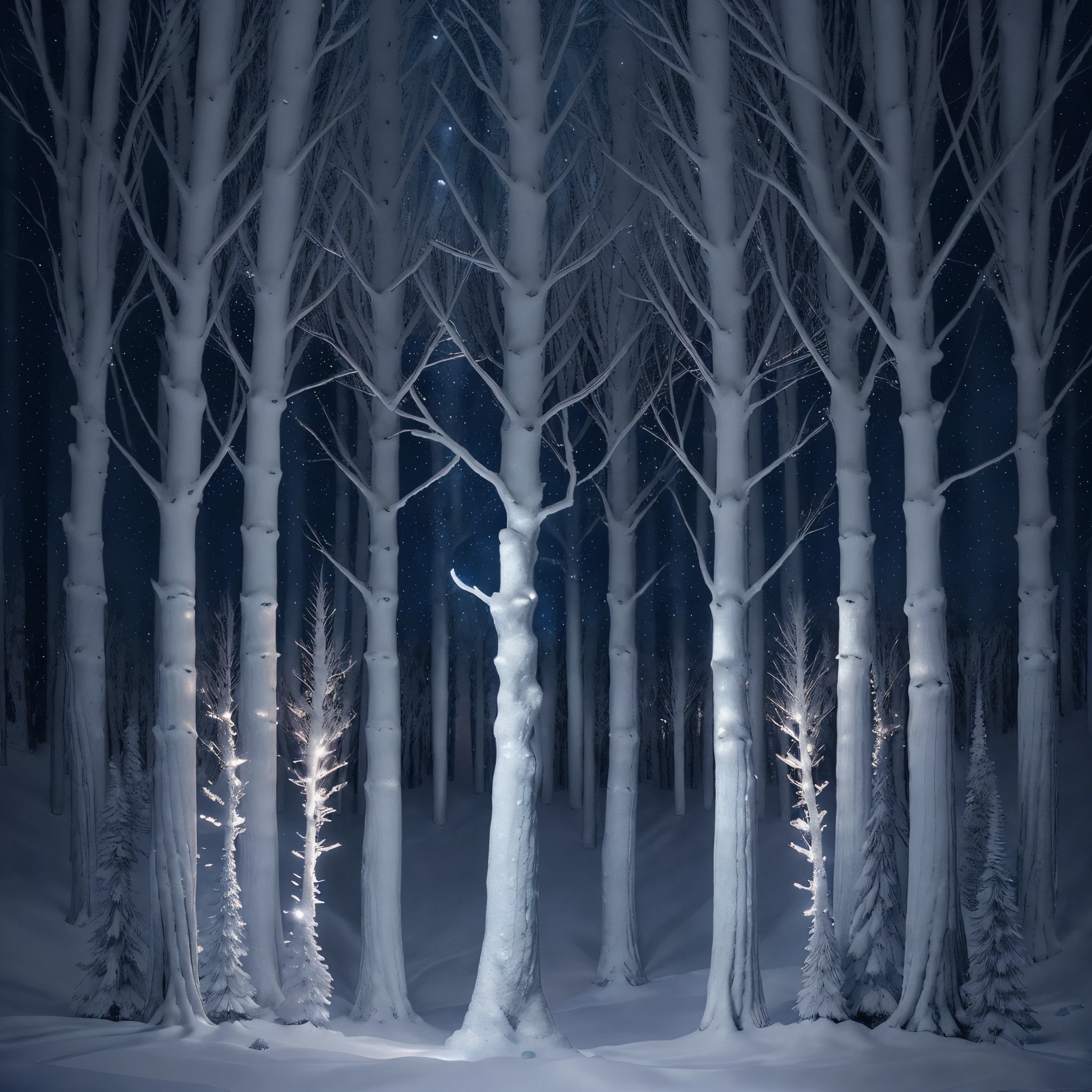In the mesmerizing scene, the night sky on a winter Christmas night comes alive with ethereal beauty. A snow-covered tree stands tall, its branches adorned with delicate stars that sparkle against the dark landscape. The moon and stars illuminate the serene forest, casting a tranquil blue hue upon the nature that surrounds it. This breathtaking vector illustration captures the essence of a cold and magical holiday night, with its exquisite silhouette and expertly crafted details. The seamless blending of light and shadows adds depth to the image, creating a sense of wonder and enchantment. Truly a masterpiece, this high-quality artwork evokes a sense of awe and invites viewers to escape into its mesmerizing world.