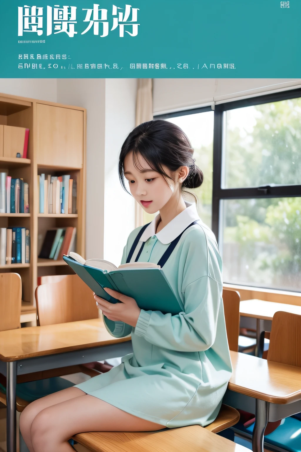 (8k, Top quality, Masterpiece:1.2), (Realistic, photo-realistic:1.37), Super detailed, perfect anatomy, cute, small eyes, 18 years old, a Japanese, girl, reading a book, in the library,
