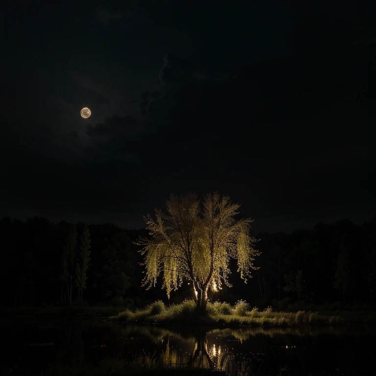 Magical nighttime forest, pond, fireflies, full moon, cloudy, foggy, enchanted, creepy, scary, willow tree