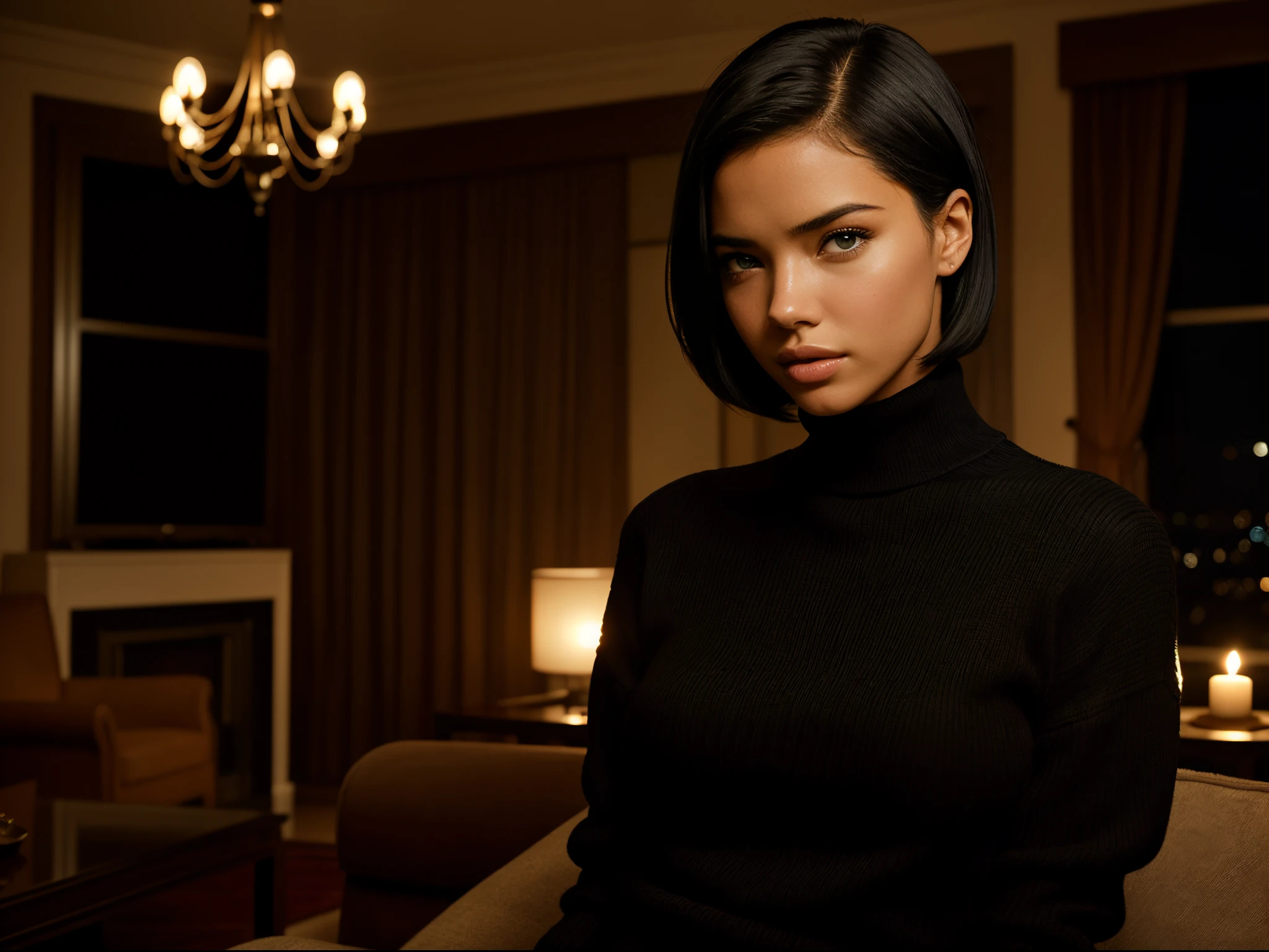 Foto hiperrealista en primer plano de Adriana Lima, masterpiece, best quality, (photorealistic:1.4), portrait photo, black turtleneck sweater, night in living room, during the night, dark night, during night, cinematic light, beautiful woman, skinny, medium breasts, black short hair (bob short hair:1.2), detailed face, photo taken from a distance,