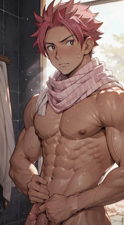 masterpiece, best quality red eyes, game cg, 1boy naked and V-Line sweating, solo, male focus, (looking at viewer), upper body sweating, natsu_dragneel Natsu Dragneel, pink hair, brown eyes, shirtless naked, ((white scarf:1.2)), toned muscle sweating, pectorals, 8 abs, toned legs, naked legs, slightly bulged, detailed, bedroom lighting, well lit, naked body, shower in the background, ((upper body)), (thick long penis :1.2)