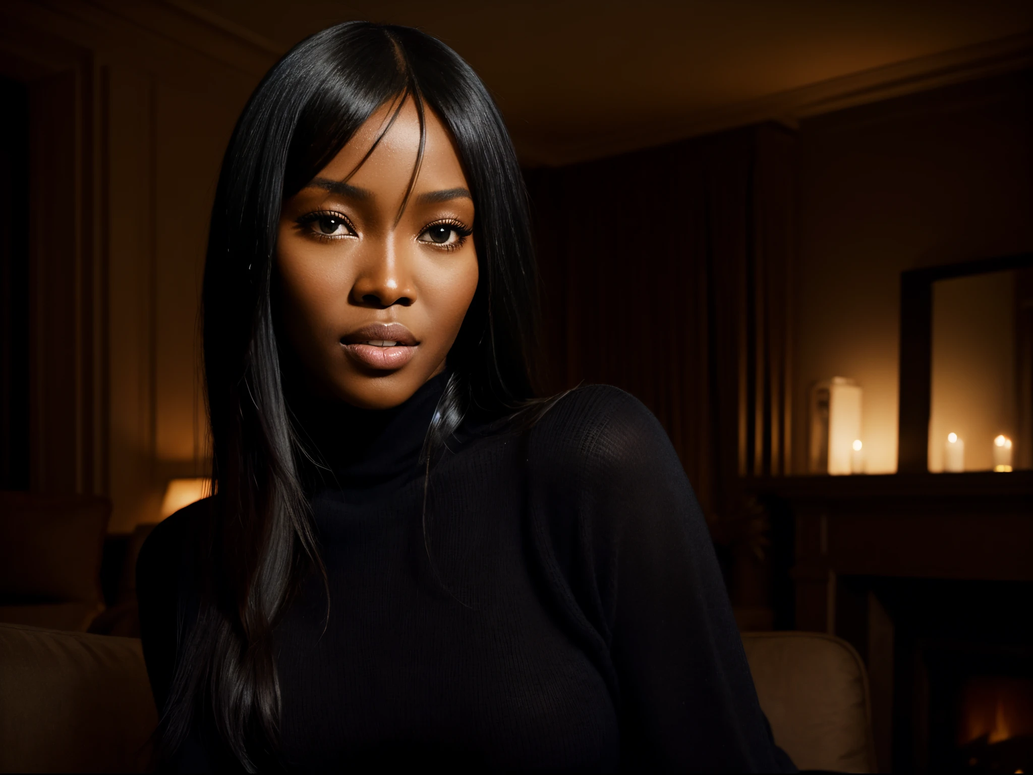 Foto hiperrealista en primer plano de Naomi Campbell, masterpiece, best quality, (photorealistic:1.4), portrait photo, black turtleneck sweater, night in living room, during the night, dark night, during night, cinematic light, beautiful woman, skinny, medium breasts, black long hair,  detailed face, photo taken from a distance, 