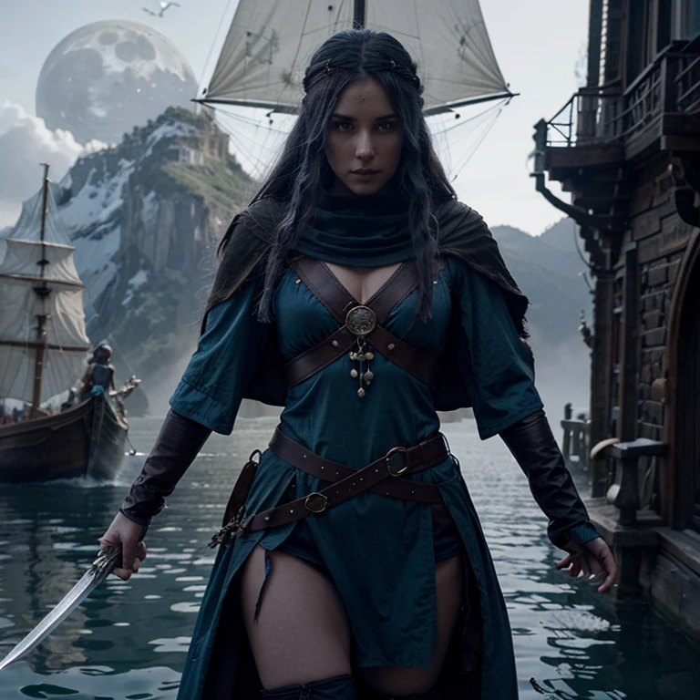 DND, druid, moon, mystical, water genasi, female, fully clothed, tunic, cloak, mysterious, dual wield scimitar, powerful, glowing, pirate ship clothing, two swords, modest, winter clothing, shipwright