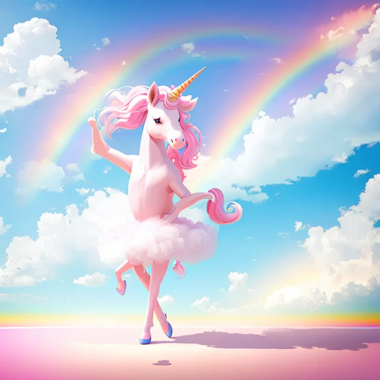 Pink fluffy unicorn dancing on a rainbow