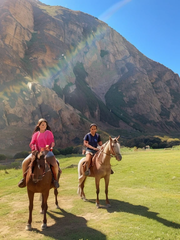 En la foto hay una mujer con polera rosada y short jean, He has long hair and is on top of a brown horse with a white spot on his forehead..., luego hay un hombre con cabello corto con lentes, black polo shirt and shorts and is on top of a white horse with brown legs and head. Both people are looking forward. Behind us there is a big mountain with a rainbow and we are on the green grass.. El clima es soleado y hay un arco iris sobre nosotros.