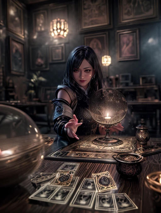 (masutepiece, High resolution:1.3), (Photograph of a woman in a dark and mysterious environment:1.2), (Sony Alpha 1 Camera, Famous for capturing exceptional detail and low-light performance:1.2), (Paired with Sony FE 24-70mm f/2.8GM lens for versatile and sharp compositions:1.2), (A woman surrounded by an aura of mystery and intrigue:1.1), (Her black clothes and enigmatic look add to the atmosphere:1.1), (Sony Alpha 1 Camera、Captures complex textures and subtle shades in low light:1.2), (Table decorated with tarot cards, Spread in mysterious geological formations:1.1), (Candles flicker, Cast dancing shadows around the room:1.1), (Dim lighting adds to the atmosphere of secrecy and mysticism:1.1), (The woman's eyes focused on the card, As if seeking answers from the unknown:1.1), (Nearby crystal balls, Add to Mystical Settings:1.1), (Symbols of astrology and esoteric knowledge decorating the room:1.1), (Incense tips in the air, Add to a sensory experience:1.1), (Photographs that capture the connection and mystical aura of women to the spiritual world:1.1), (A moment frozen in time, Capture the intense and introspective atmosphere of fortune-telling:1.1), (Images that take viewers into a world of magic and spiritual insight, Intrigued by them、Arouse curiosity:1.1), Cinematic, ultra-detailliert, Insane details, Beautifully color graded, Unreal Engine, degrees of freedom, Hyper-Resolution, Megapixel, cinematic lightening, Anti-aliasing, FKAA, TXAA, nffsw, SSAO, post processed, Post Production, Tone Mapping, ..CGI, VFX, tokusatsu, insanely detailed and intricat, Hyper maximalist, Hyper realistic, Volumetric, Photorealistic, ultra photoreal, Ultra-detailed, Intricate details, 8K, super detailed, fulcolor, Volumetric lightning, nffsw, Realistic, Unreal Engine, 16 K, Sharp Focus, Octane Render