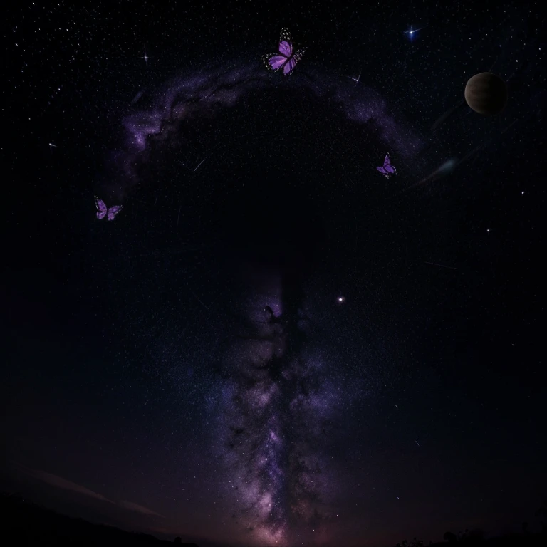 Dark celestial, purple, butterflies, planets, stars, night sky, shimmering purple butterflies
