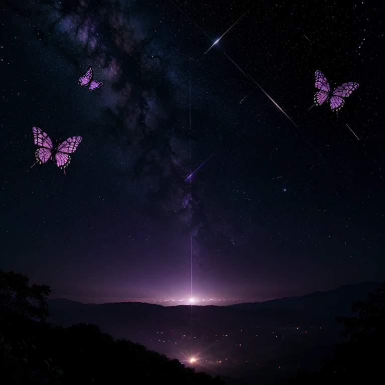 Dark celestial, purple, butterflies, planets, stars, night sky, shimmering purple butterflies