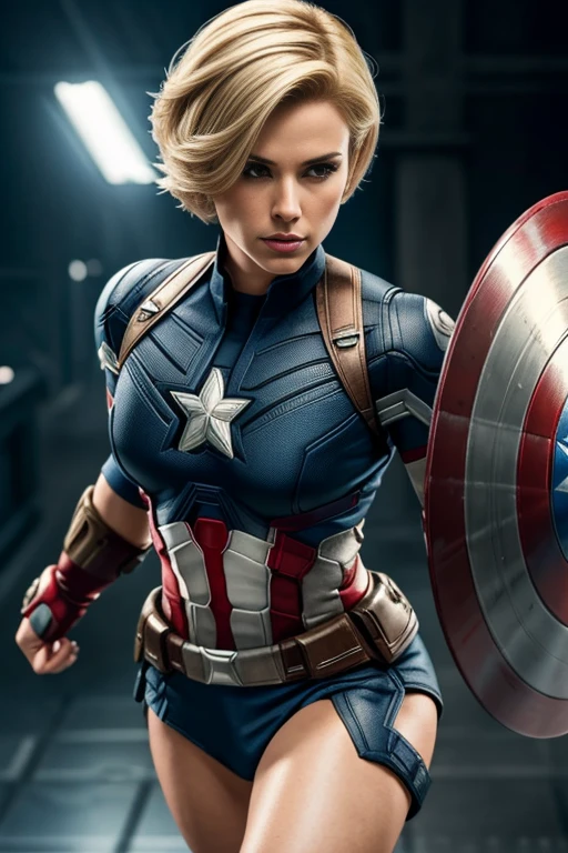 4k highly detailed realistic female captain america from marvel comics, blonde short undercut bob hairstyle, ((sharp Jawline)), (full body Including Legs), Seduction and fantastic poses