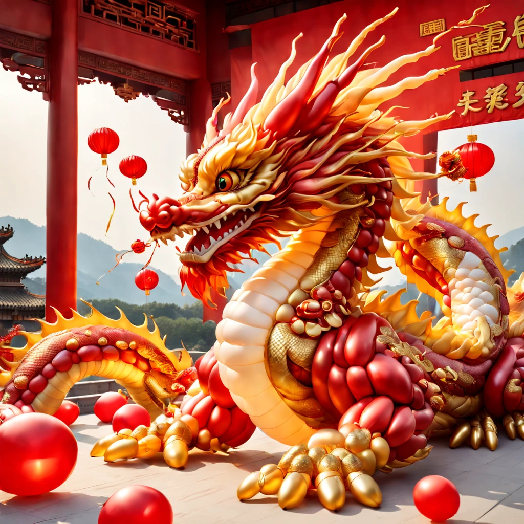 Baronzi, (Chinese dragon made from balloons, Red and gold Chinese dragon, Fly in the sky), (Chinese Spring Festival), extremely cute，Festive holidays, ((firecrackers)), (((Cute kid holding Chinese dragon balloon)))，fundo vermelho