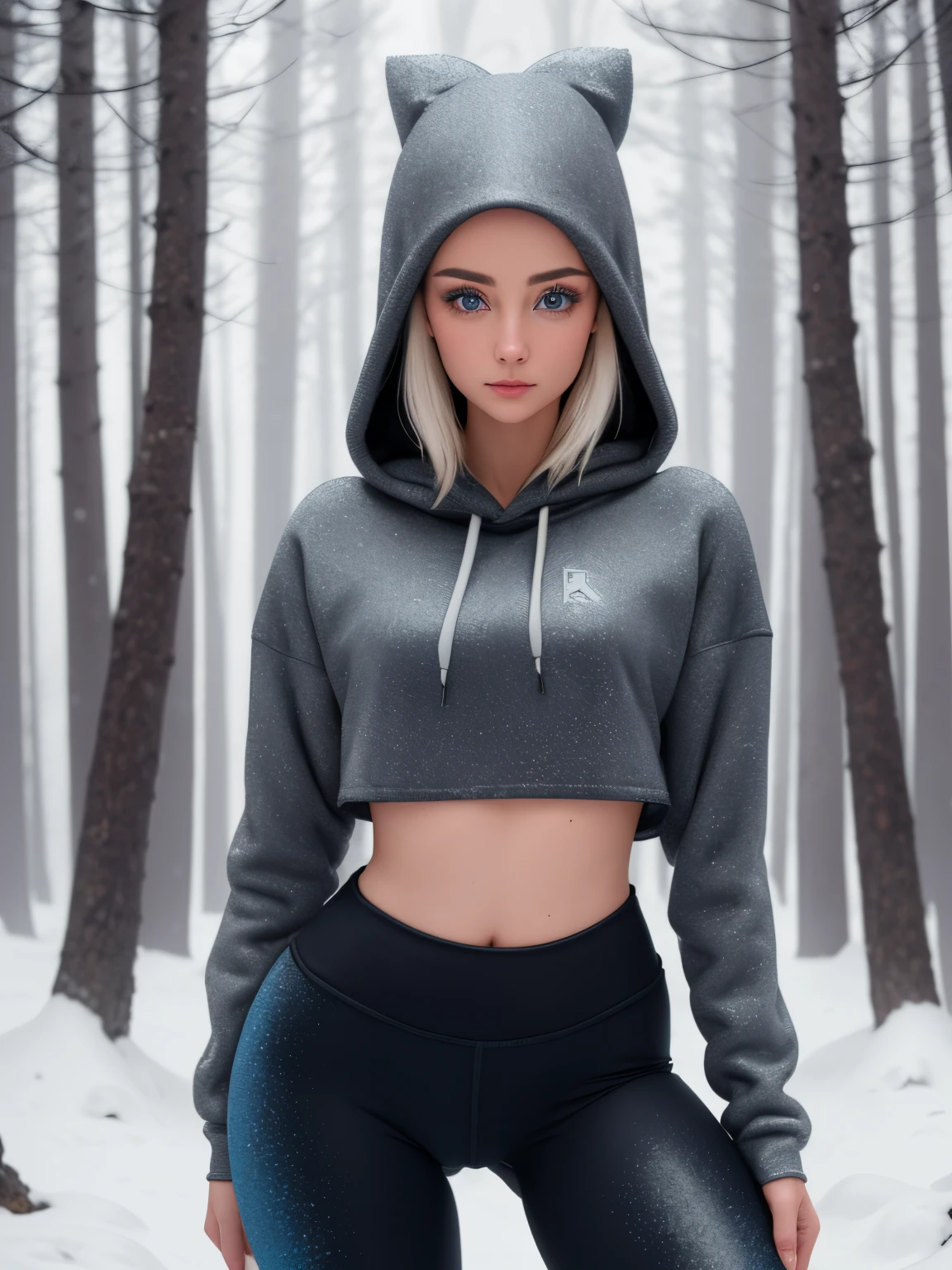 woman, wearing leggings and crop top hoodie, cameltoe, thigh gap, detailed eyes, in a snowy forest, seductive, alluring, best quality masterpiece, detailed, 8k, HDR, shallow depth of field, broad light, high contrast, backlighting, bloom, light sparkles, chromatic aberration, smooth, sharp focus