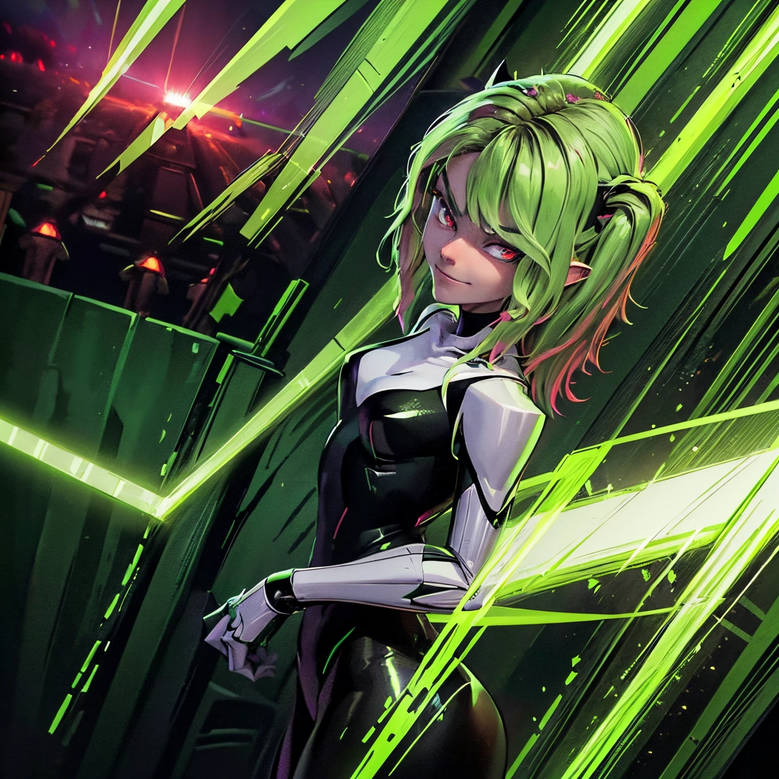 (Best Quality,4K,8K,hight resolution,masutepiece:1.2),Gwen Stacy in high-tech Green Goblin armor, Red Eyes, evil smile,Mysterious atmosphere,green villain armor, intense emotion, adrenaline rush,, inspired by comics, intense contrast, eerie green glow, dystopian settings, High-tech armor, villain version