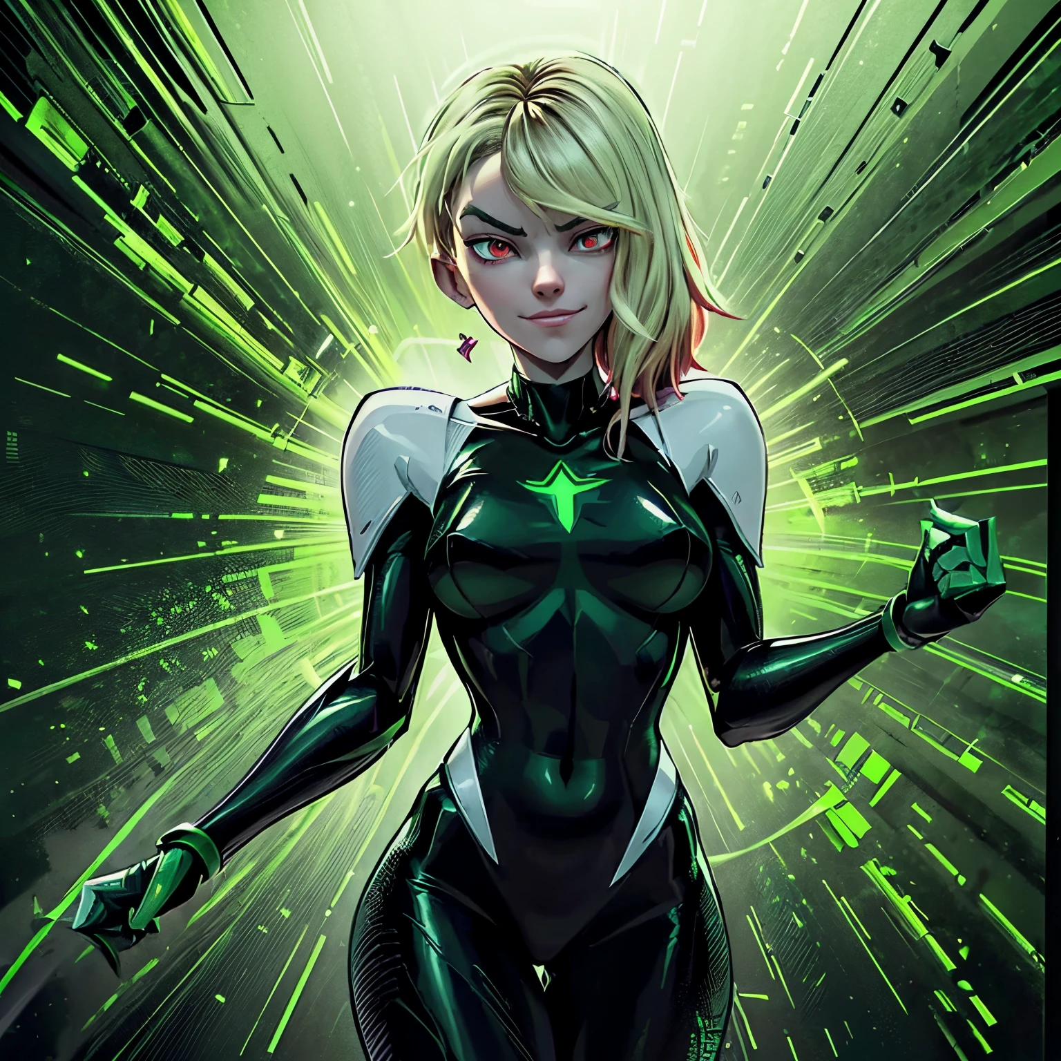 (Best Quality,4K,8K,hight resolution,masutepiece:1.2),Gwen Stacy in high-tech Green Goblin armor, Red Eyes, evil smile,Mysterious atmosphere,green villain armor, intense emotion, adrenaline rush,, inspired by comics, intense contrast, eerie green glow, dystopian settings, High-tech armor, villain version