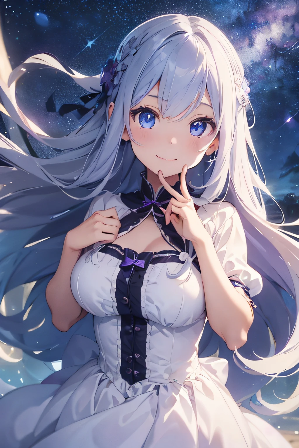 Beautiful fece, ​masterpiece, top-quality, hiqcgbody, animesque, 1girl in, Medium chest, portrait shot, Look at viewers、Laughing、huge smile、intricate detailes,>,((coverd)a closeup, straight-on, adult lady,Very long hair swaying in the wind、 Princess in white and purple dress.:1.4、Light blue hair、Her eyes shone like stars(radiant eyes:1.233)、(beautifully detailed eyes:1.1)、The background is fixed with a starry sky、[[Delicate fingers and hands:0.55]::0.85]、(detail finger)、Light brown eyes、Light blue hair、Eyelift