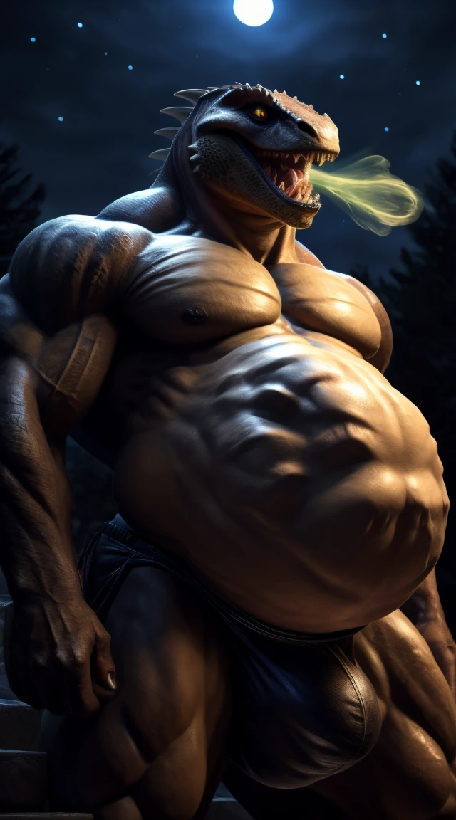 A lizard man with a full belly, muscular, vore, imprint on belly, big bulge, illustration, (best quality, 4k, highres, masterpiece:1.2), ultra-detailed, realistic, horror, sharp focus, vivid colors, nighttime lighting, burping up an object, motion lines.