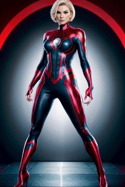 4k highly detailed realistic madame web from marvel comics, blonde short undercut bob hairstyle, ((sharp Jawline)), (full body Including Legs), Seduction and fantastic poses