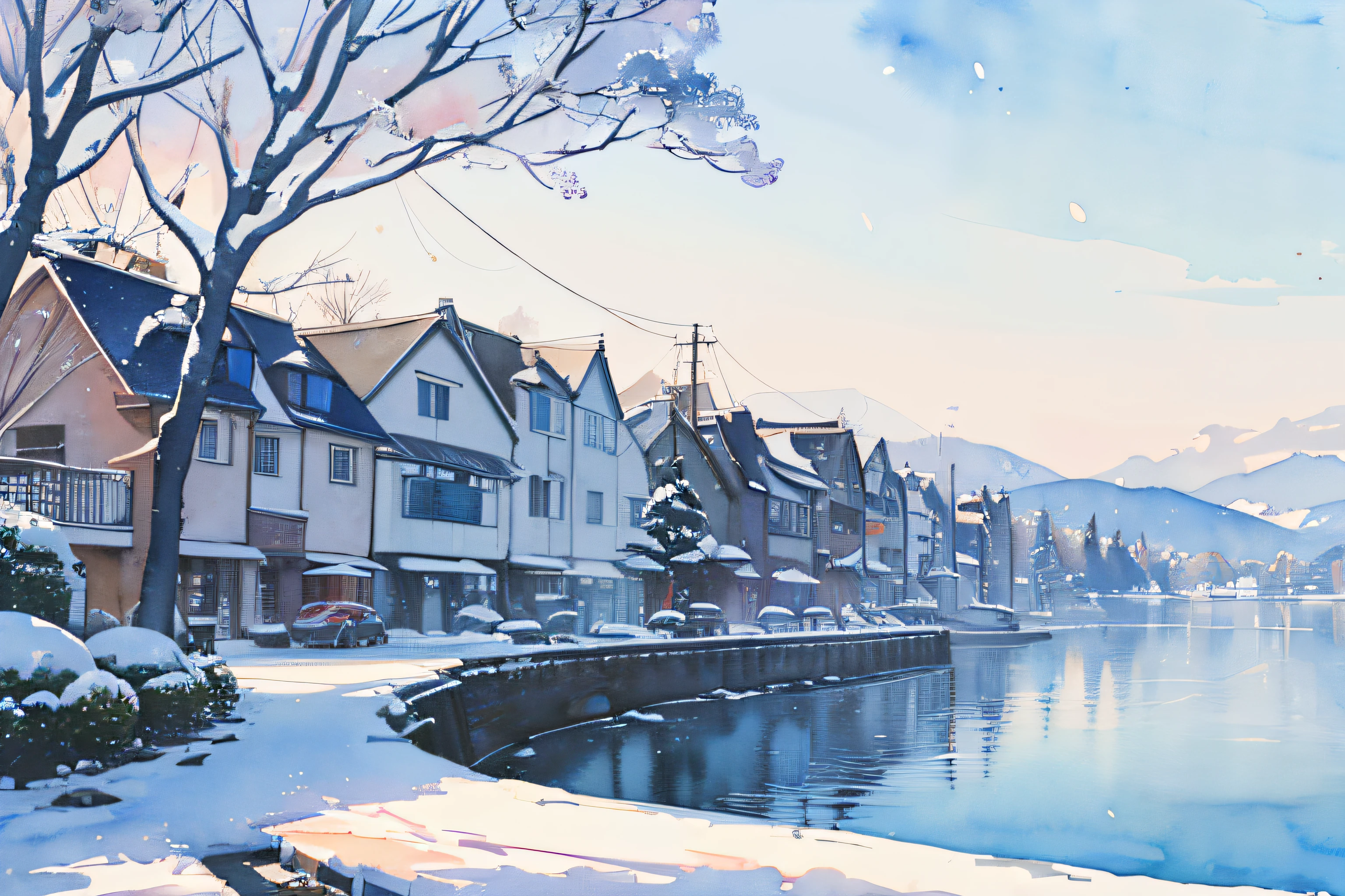 ((masutepiece)), (Professional Photography:1.2), (High Definition:1.3), Best Quality, (Watercolor painting:1.3), From Side, Wide Shot, Residential area, townscape, (Simple white background:1.10), Fine splashes of pale blue ink, landscape、Snow makeup、coastline