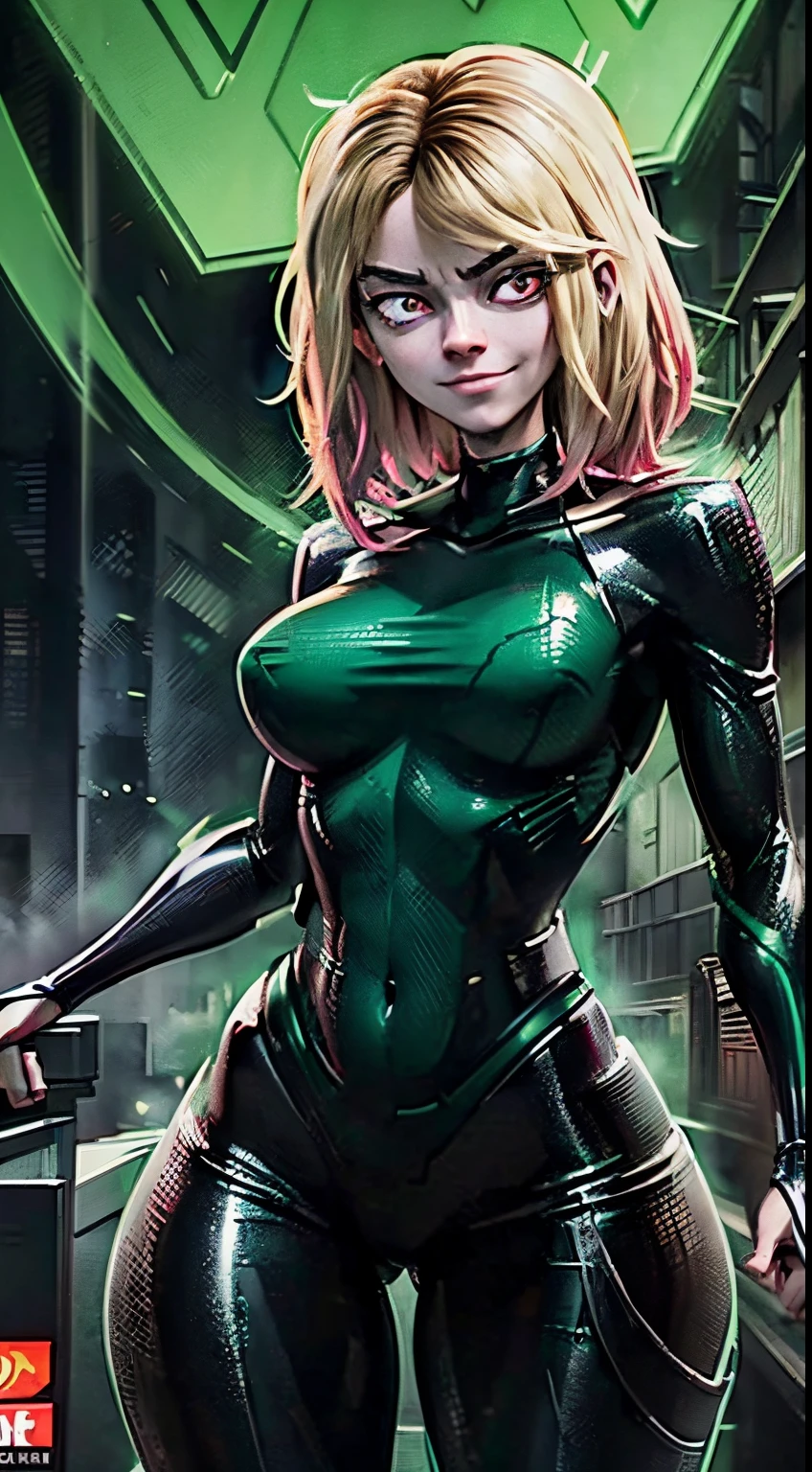 (Best Quality,4K,8K,hight resolution,masutepiece:1.2),Gwen Stacy in high-tech Green Goblin armor, Red Eyes, evil smile,Mysterious atmosphere,green villain armor, intense emotion, adrenaline rush,, inspired by comics, intense contrast, eerie green glow, dystopian settings, High-tech armor, villain version