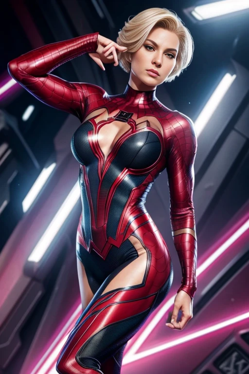 4k highly detailed realistic madame web from marvel comics, blonde short undercut bob hairstyle, ((sharp Jawline)), (full body Including Legs), Seduction and fantastic poses