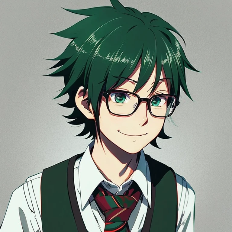 anime styled，boy with glasses and tie，Shy smile，animesque，Neutral face，animesque，distinctly，darkgreen hair，animesque，Ahoge，Tie Red，anime styled，anime styled，Black vest，White shirt，anime styled，Neutral face，cute anime style，