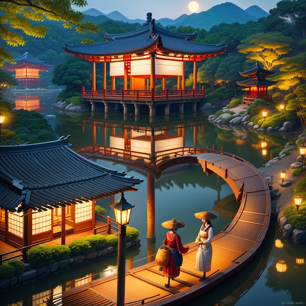 Beautiful view of Gangnam,pavilion next to bamboo forest,Canoe with umbrella,On the bridge are the Cowherd and the Weaver Girl sharing the moonlight