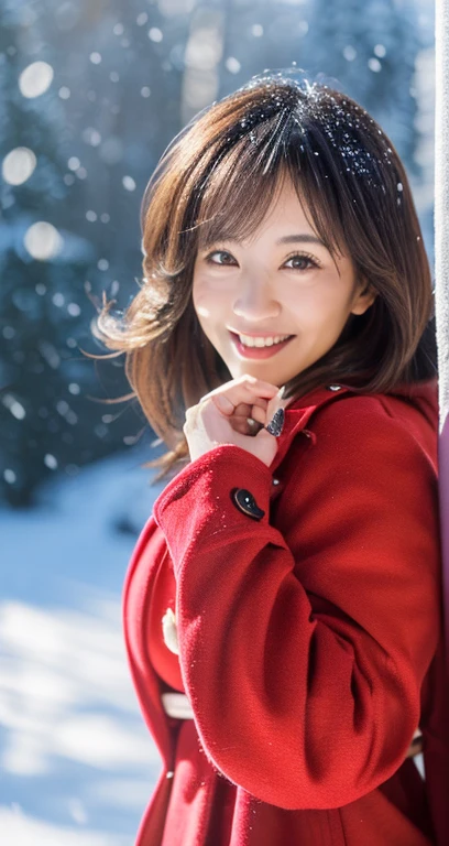 ((( masutepiece ))), (((Best Quality))), ((Ultra-detailed)), (Photo), ((extremely delicate and beautiful)),High resolution, 1girl in, 25 years old, Japanese beautiful girl, (Small breasts), ((Plump full lip)), (Wavy Hair),(Short hair), ((I have one small mole under my eye)), (Detailed eyes),(detailed facial features), (detailed arms),(Detailed fingers),(Details of Regulus body))) , snowscape, ((Smile)),(((Red coat))), ((Film grain)), ((SLR camera)), ((35mm lens focal length))
