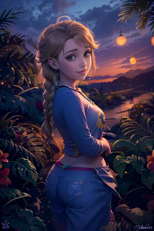 (realista: 1.4), mejor calidad, ultra-high-resolution, 4k , Detalles intrincados , Altamente detallado, A -yeld gi, very light brown hair with braid , Cabello largo , todo muy detallado , Sonriente , alto contraste , Background flowers falling behind her , HDR , cinematographic image , senos medianos , viste playera amarilla de manga corta , playera amarilla , falda azul plisada , falda azul , linda sonrisa , maquillaje ,ojos verdes , jardin , fiesta , noche , posando sexy para foto , trenza grande , cuerpo completo
