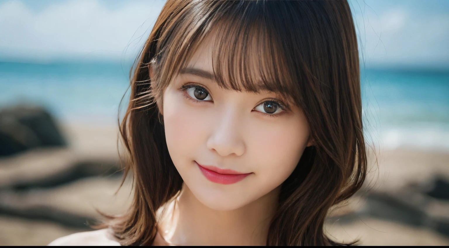 masutepiece, Best Quality, Illustration, Ultra-detailed, finely detail, hight resolution, 8K Wallpaper, Beautiful detailed eyes, she is wearing a black bikini swimsuit,Medium Hair,Natural Color Lip, Smile,Harajuku、20 years girl、Cute、is looking at the camera、C Cup、Brown hair、caste-like face、Blurred private beach background