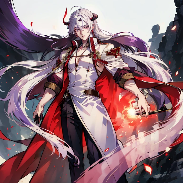 A man with long white clothes, white skin, purple eyes, crimson red hair with short length and have a straight hair, with tied hair and with horns