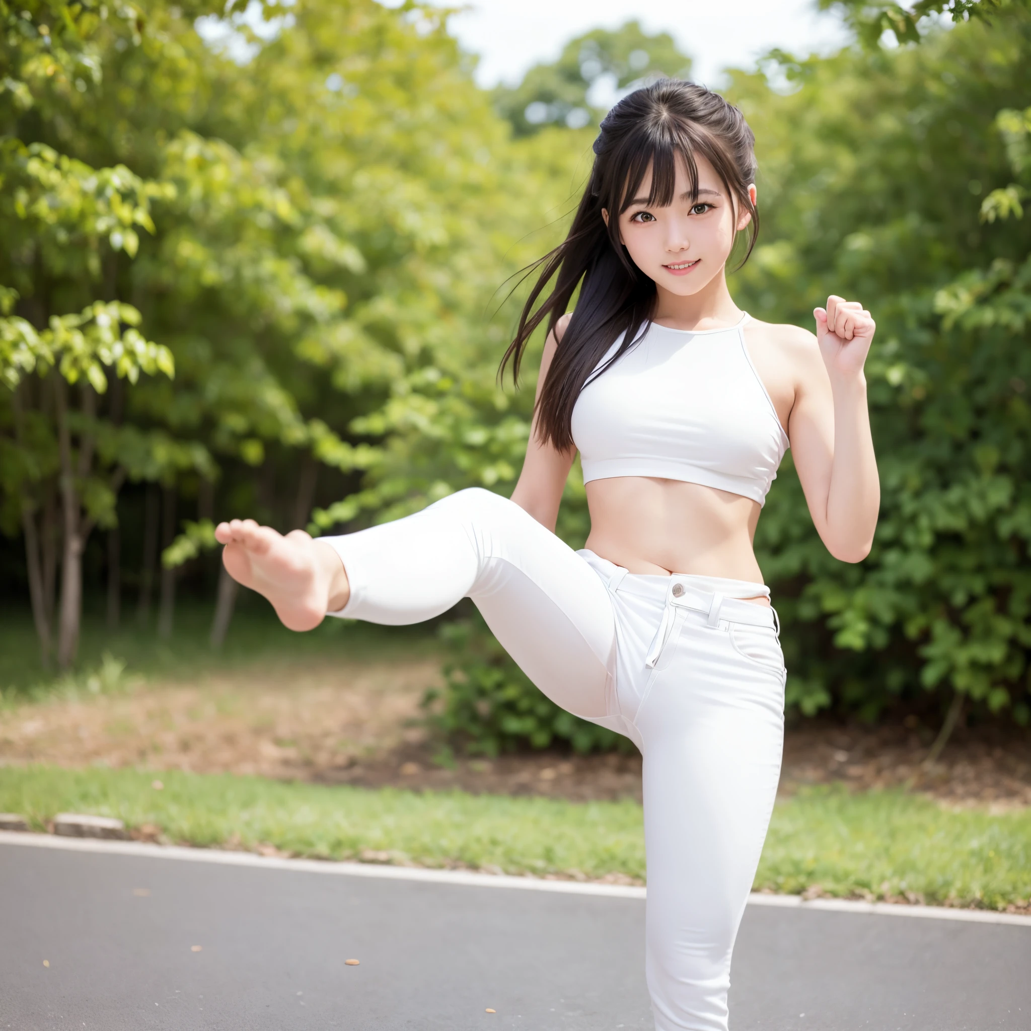 (Photorealsitic)(), Pretty Woman, (Full body 8K portrait), 1 girl in, White Karate Uniform, White karate pants, Large bust,Stand alone, Large and dynamic hand and foot movements, Stick out your fist, Make a high side kick, Correct skeleton, Perfect facial detail, (Smile: 1.15), attractive beautiful face, gazing at viewer, a small face, 二重まぶた, Beautiful detailed eyes, long eyeslashes, ligh brown hair, poneyTail, Toned waist, Beautiful thin legs, toned ankles, bare-legged ,TOKYOcty, the background is green, no nsfw