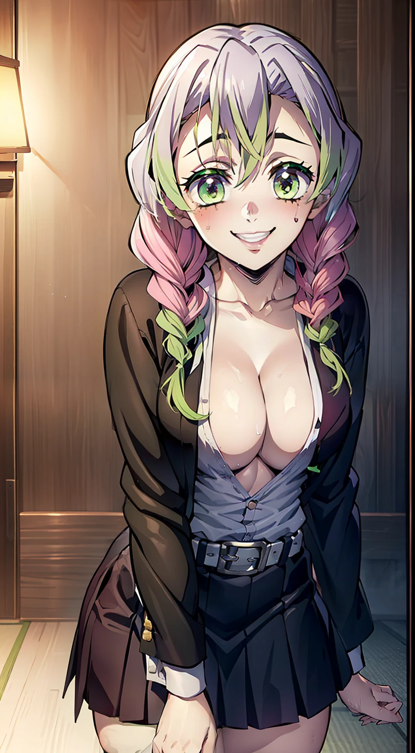 beutiful, (beste-Qualit), tmasterpiece, Awash, Washed, Looks into the frame, Lake, Night Forest, facing the viewer, Very sexy ass, Romantic, Feminine, Super detailed: 1.5), perfect lighting, glittering, Nature, At a distance, body complet, facial focus, a 1girl, ssmile, Smiling, Mitsuri (Demon Slayer), handsome girl, Night Forest, beatiful face (Mitsuri (Demon Slayer), White Haori, black skirt with silver belt and green striped hips, bright pink hair (green at the tips), rose hair (Dark pink), Green ends of hair, Gradient hair, multi-colored hair, hairlong, quiff, twin braids, green colored eyes, Demon Slayer Uniform, Long sleeve jacket, White Haori, blackskirt, Silver Belt, green striped thighs, blusher, realisti, pectoral muscles,, wide thighs, (Thick rods: 0,9), décolleté, gaze at the viewer,