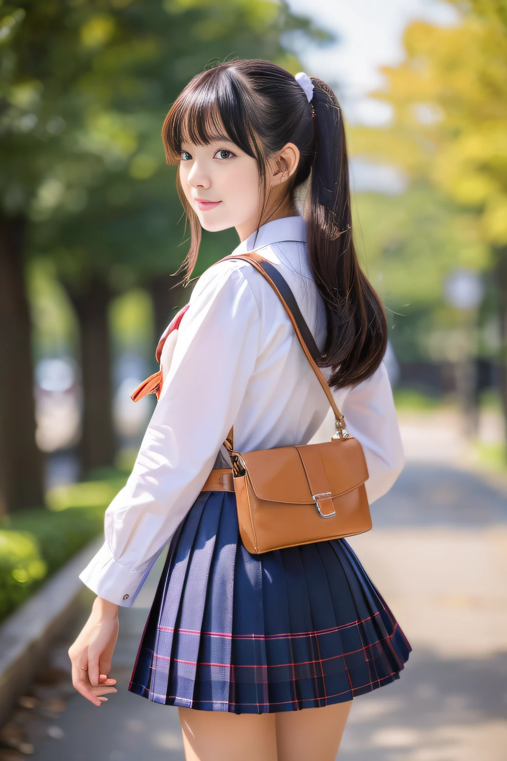 1 young girl,very cute and beautiful japanese teen actress,highly detailed beautiful face, looking at viewer,smile,happy,white blouse,ribbon,pleated plaid mini skirt,school bag, narrow alley in tokyo,stone wall in front of modern building,hotel signage,trees,shrubbery,solo,real person,photorealistic,8k,raw photo,