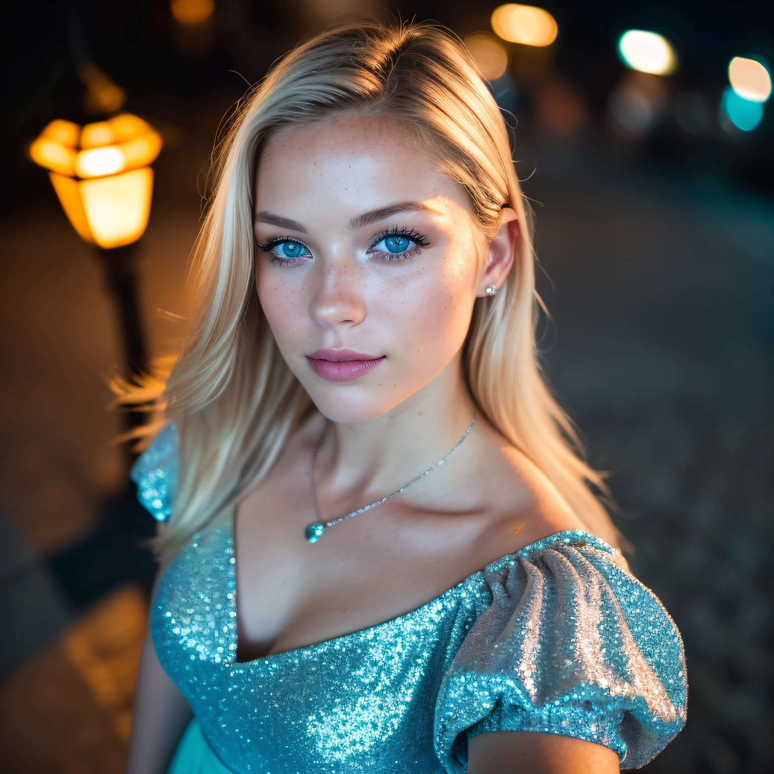 (selfie, top view: 1.4), (straight half of the body: 1.4), RAW UHD portrait photo of a 24-year-old blonde (blue-eyed woman) walking down on the beach, palm trees, (skirt), (neckline), details (textures! , hair! , glitter, color!! , disadvantages: 1.1), glossy eyes with high detail (looking at the camera), SLR lighting, SLR camera, ultra-quality, sharpness, depth of field, film grain (center), Fujifilm XT3, crystal clear, frame center, beautiful face, sharp focus, street lamp, neon lighting, bokeh (dimly lit), night, (night sky), detailed skin pores, oily skin, sunburn, complex eye details, full body, large breasts