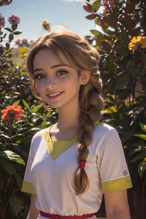 (realista: 1.4), mejor calidad, ultra-high-resolution, 4k , Detalles intrincados , Altamente detallado, A -old gir very light brown hair with braid , Cabello largo , todo muy detallado , Sonriente , alto contraste , Background flowers falling behind her , HDR , cinematographic image , senos medianos, viste playera amarilla de manga corta , playera amarilla , falda azul plisada , falda azul , linda sonrisa , maquillaje ,ojos verdes , jardin , fiesta , noche , posando sexy para foto , trenza grande , cuerpo completo