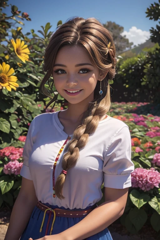(realista: 1.4), mejor calidad, ultra-high-resolution, 4k , Detalles intrincados , Altamente detallado, A -old gir very light brown hair with braid , Cabello largo , todo muy detallado , Sonriente , alto contraste , Background flowers falling behind her , HDR , cinematographic image , senos medianos, viste playera amarilla de manga corta , playera amarilla , falda azul plisada , falda azul , linda sonrisa , maquillaje ,ojos verdes , jardin , fiesta , noche , posando sexy para foto , trenza grande , cuerpo completo