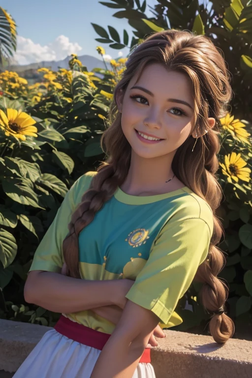 (realista: 1.4), mejor calidad, ultra-high-resolution, 4k ,  Detalles intrincados , Altamente detallado, A 15 year-old girl , very light brown hair with braid , Cabello largo , todo muy detallado , Sonriente  , alto contraste  ,  Background flowers falling behind her , HDR , cinematographic image , senos medianos, viste playera amarilla de manga corta , playera amarilla , falda azul plisada , falda azul , linda sonrisa , maquillaje ,ojos verdes , jardin , fiesta , noche , posando sexy para foto , trenza grande , cuerpo completo