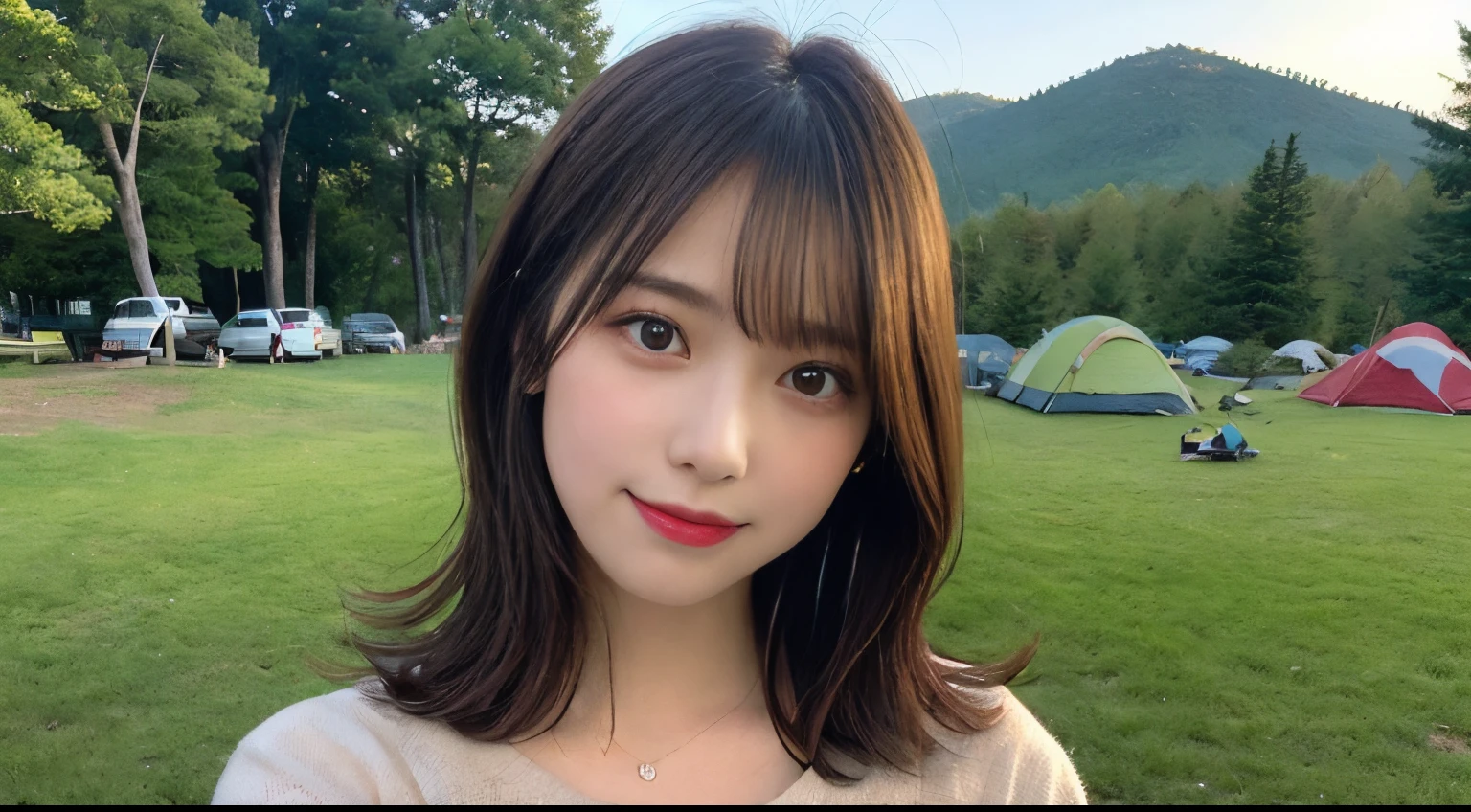 masutepiece, Best Quality, Illustration, Ultra-detailed, finely detail, hight resolution, 8K Wallpaper, Perfect dynamic composition, Beautiful detailed eyes, She is wearing a plain olive long sleeve T-shirt,Medium Hair,Natural Color Lip, Smile,Harajuku、20 years girl、Cute、is looking at the camera、C Cup、Brown hair、caste-like face、100 moves%not reflected、Blurred american mountain campsite background