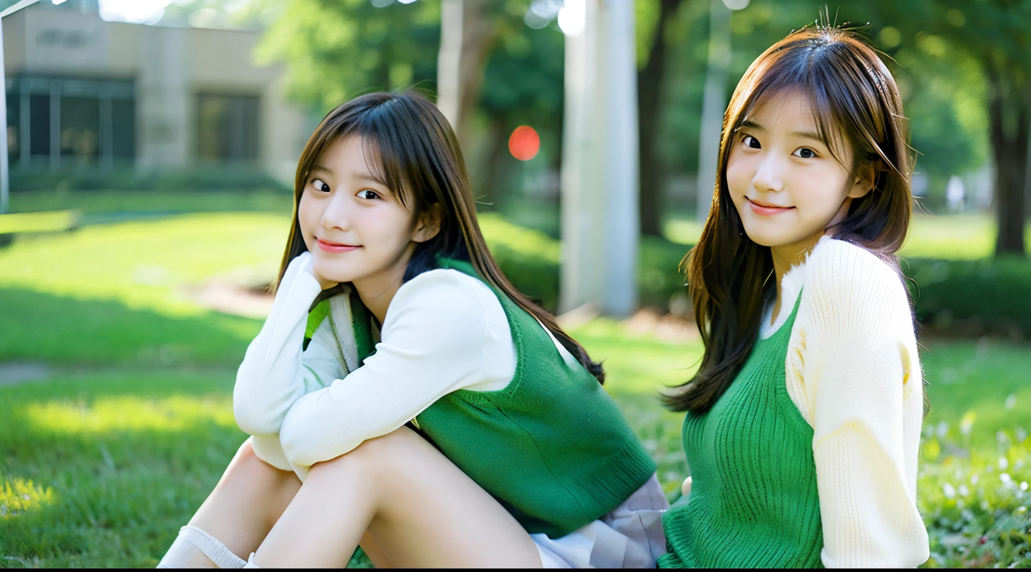 Cute female college student, 18 years old, wearing a green miniskirt
