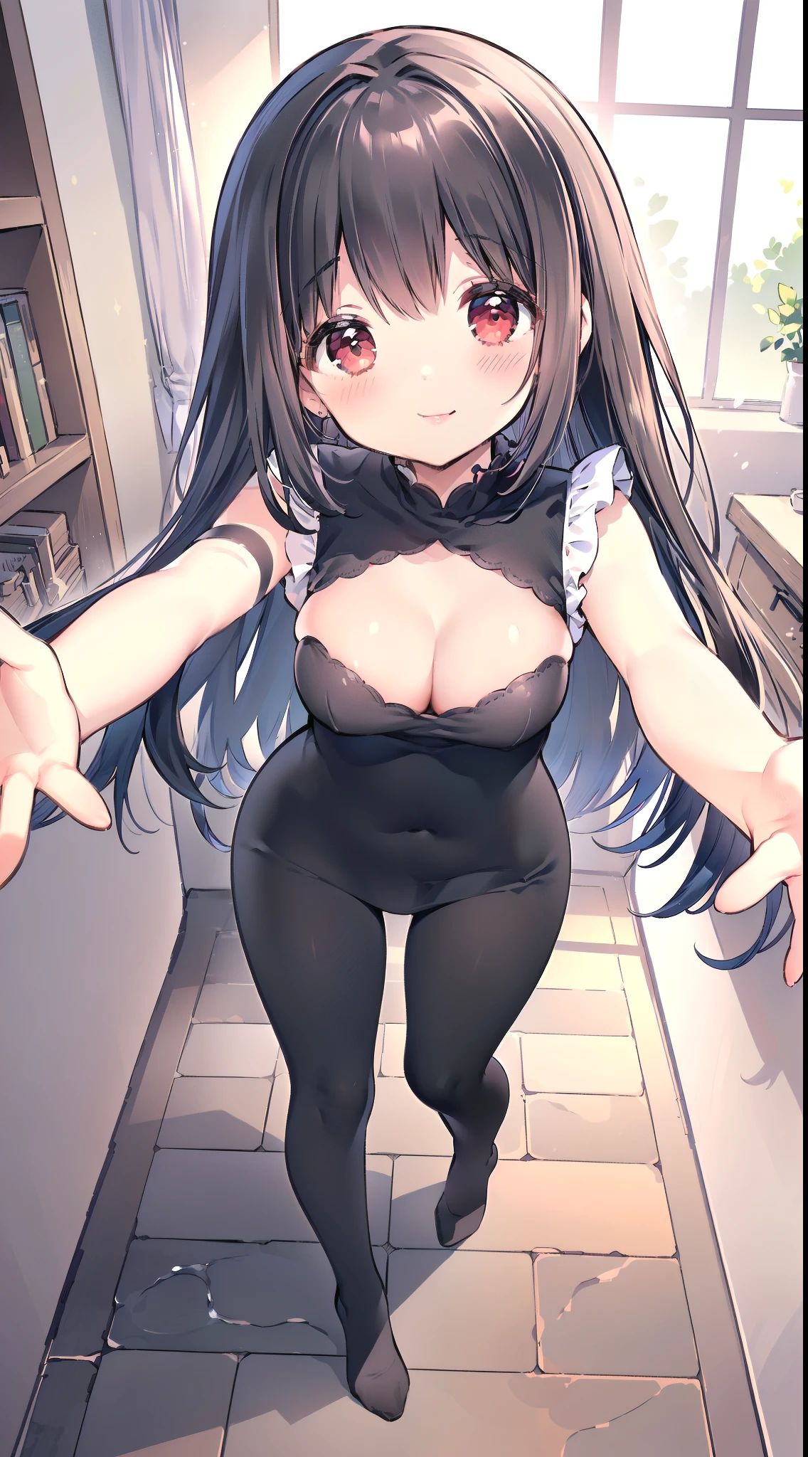 Nardack style lora, (1 girl), (gentle housewife, small girl, full body, depth of view, petite and short figure girl, cute and , perfect woman, medium cleavage, mature aura:1.5), (masterpiece, best quality, HD Pictures, 4K:1.1), outdoor, very long hair, bangs, gentle look, gentle smile, gentle eyes, mature looking, pinkish cheeks, very detailed eyes, very detailed pupils, very detailed ridiculously long black hair, detailed face, detailed ruby red eyes, full body, look up to viewer, detailed long black hair, (happy gentle face, warm smile, blushing red cheeks:1.3), (gentle smile and gentle look towards viewer, both arms opened to viewer arms reaching for viewer:1.4)