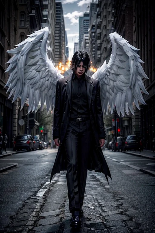 A man in black coat over white shirt and black pant, having a big angel wing, standing in dark fearless, amidst street, in style of Lucifer morning star, high-quality realistic