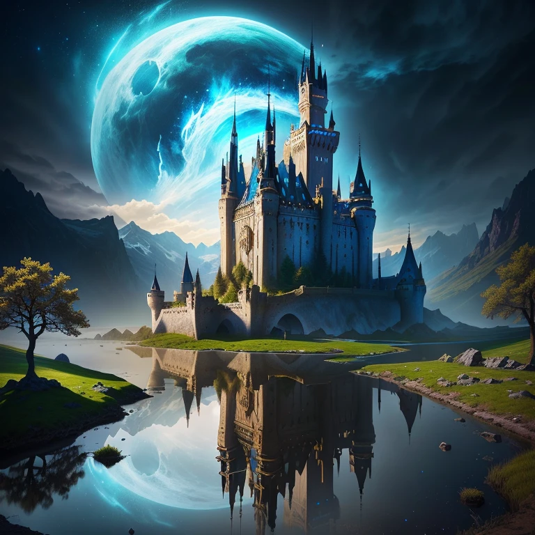 beautiful render of a fairytale,Mare, fantasy-style,, fantasy castle, Medieval fantasy landscape, dark castle background, Castle background, impressive fantasy landscape, epic dreamlike fantasy landscape, High Fantasy