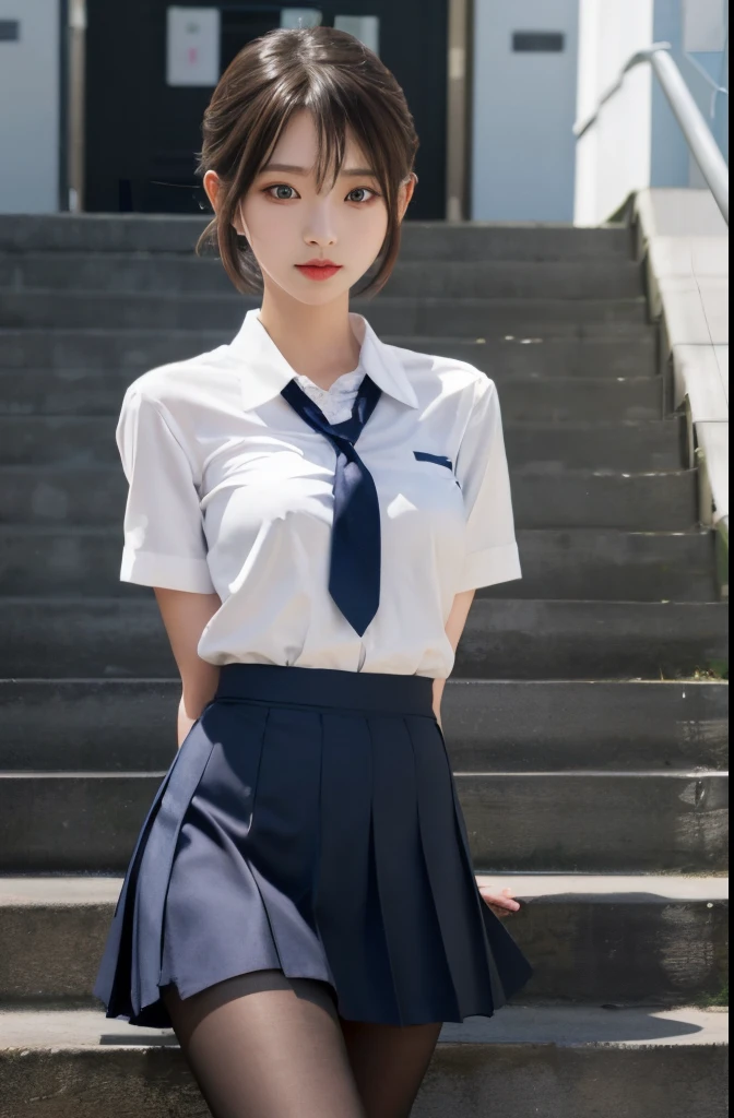 Korean school uniform、Summer uniform shirt、Tight fitting shirts、Ribbon Ties、skirt by the、schools、stairs at school、Emphasis on placing arms in front of chest、Slender and long、8K Raw photograph、A high resolution、Idade:18 、japanes、Incision eye、Very large round breasts、beautidful eyes,Meticulous details、long eyelasher、beautiful double eyelid、eye shadows、eyeline、Elongated eyes、elongate eye shape、Sanpaku eyes、Beautiful and thin legs、Beautiful and thin thighs、Random Shorthair、tie hair back、耳Nipple Ring、Light brown hair、(Wear pantyhose)、Thighs are sexy、ssmile、The mouth opens slightly