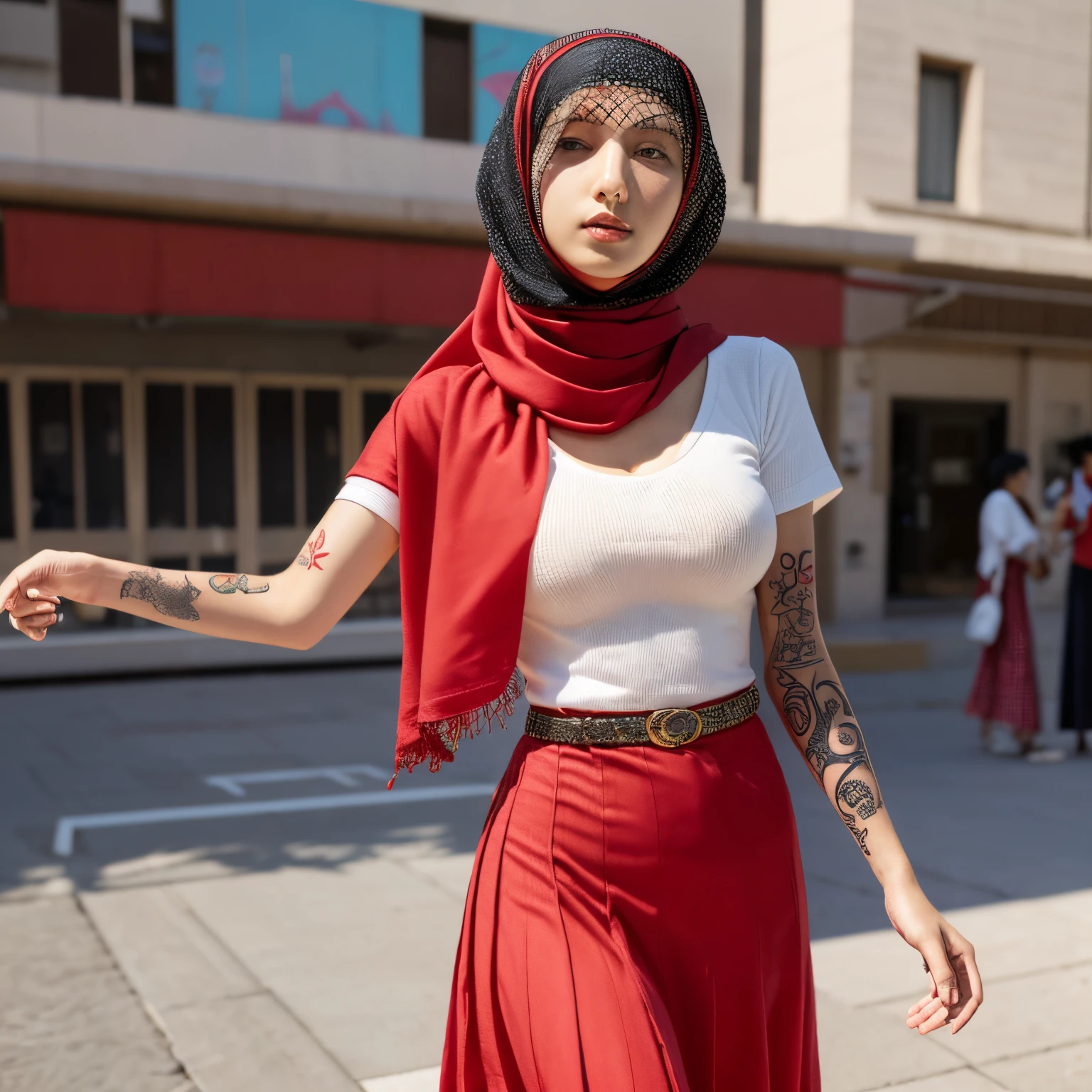 Muslim woman wearing a dress made of used plastic, soft transparent red and white colour with red and white, with wings like Indonesian garuda, elegant minimalist clasik design, wearing a white long skirt with red and blue straight line pattern, carnival event, very realistic, very realistic, (complex detail: 0.9), (hdr, hyperdetail: 1.2), RAW, Sony Alpha a9 II, 24-105mm f/4, HDR, holding a spear